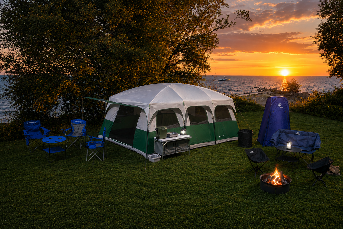 Wakeman gear set up at a campsite beside a lake at sunrise