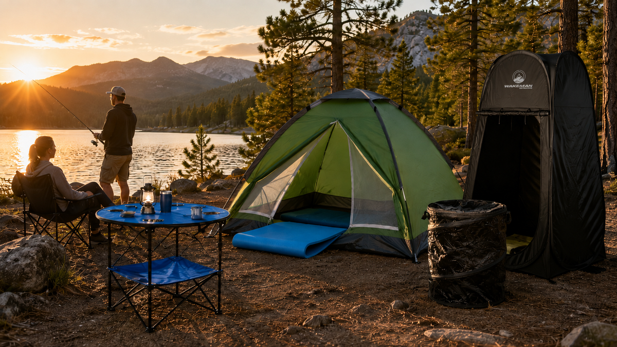 Wakeman gear set up at a campsite beside a lake at sunrise